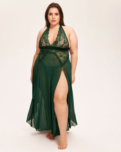 Elegant dark green lace lingerie dress featuring open back and side split design.