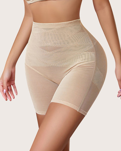 Brown high-waisted tummy control shapewear shorts for a smooth silhouette.