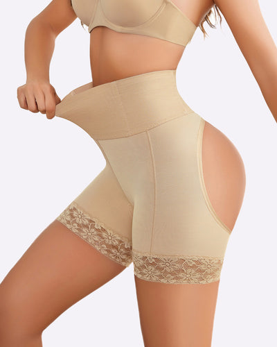 Beige and black high-waisted tummy control shorts with lace trim and 3D hollow design.