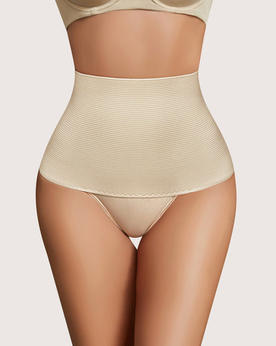 Black high-waisted tummy control thong shapewear contouring model's curves.