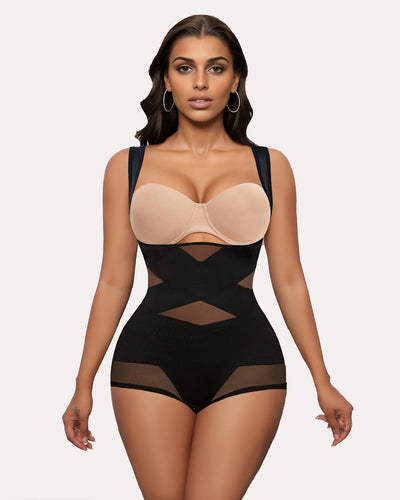 Nude bodysuit shapewear with U-shape bust, styled with jeans to enhance body curves.