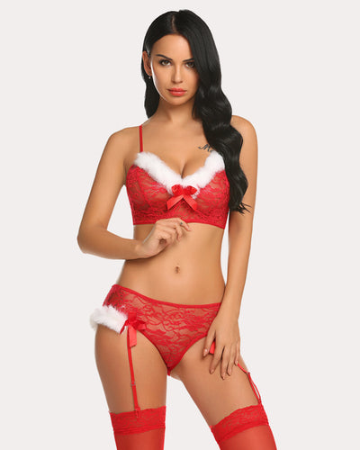 Sexy red Christmas lingerie set with sheer lace, garter belt, and feather accents.