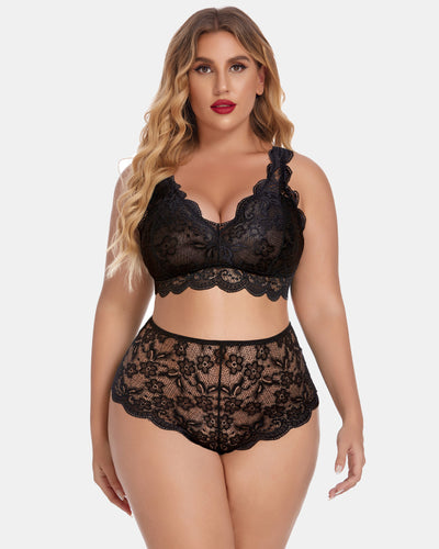 Plus size burgundy lace halter bralette and high waist panty set showcased from the back.