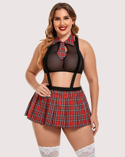 Back view of plus size schoolgirl lingerie set with plaid mini skirt and crisscross top.