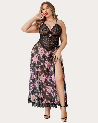 Plus size red floral mesh nightdress with alluring side slits and lace trim.