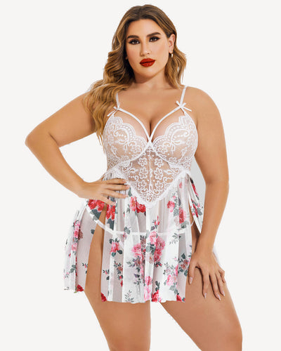 Plus Size Lace Floral Print Babydoll