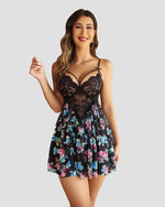 V Neck Lace Floral Side Slit Babydoll