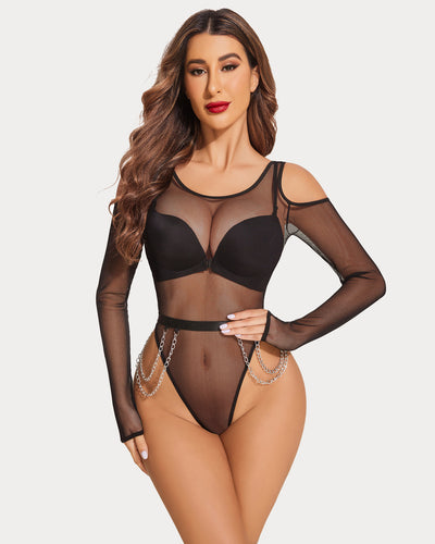 White long-sleeved mesh bodysuit with open shoulders and chain detailing, paired with black shorts.