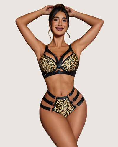 Teal strappy push-up bra and high-waisted panty set with bold detailing.