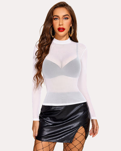 Black long sleeve mesh crop top with geometric patterns worn with high-waisted jeans from behind.