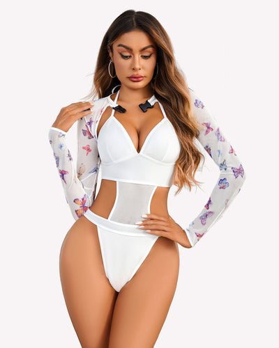 Butterfly Rave Outfits Bodysuit Crop Top Set