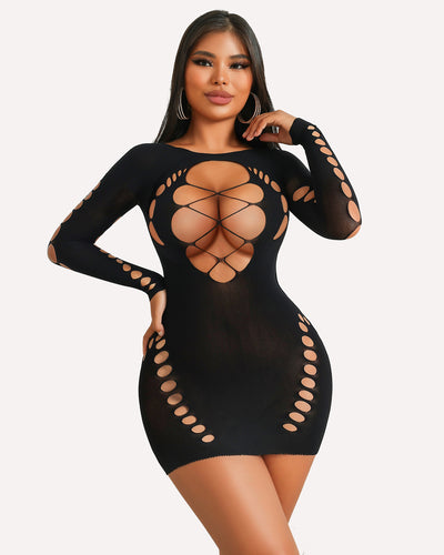 Pink fishnet long sleeve dress with cutouts highlighting feminine curves and sultry design.