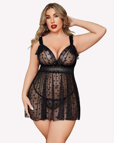 Plus Size Babydoll Lace Strap Sheer Nightie