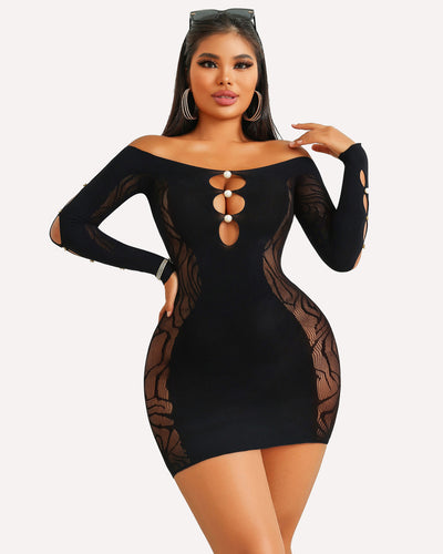 Pink off-shoulder bodycon mini dress with mesh detailing and long sleeves.