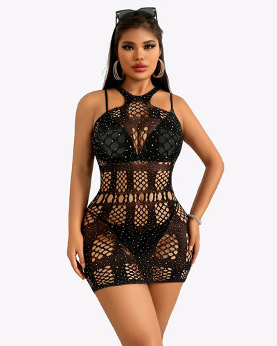 Bright blue mesh fishnet bodycon dress with rhinestones and geometric cutouts.