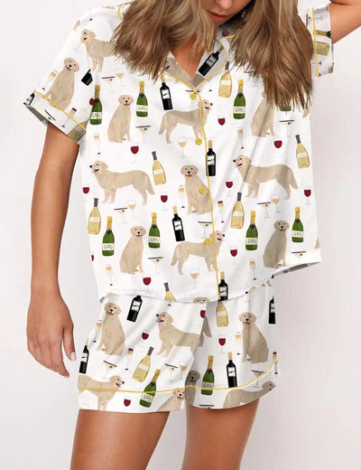 Golden Retriever And Wine Satin Pajama Set