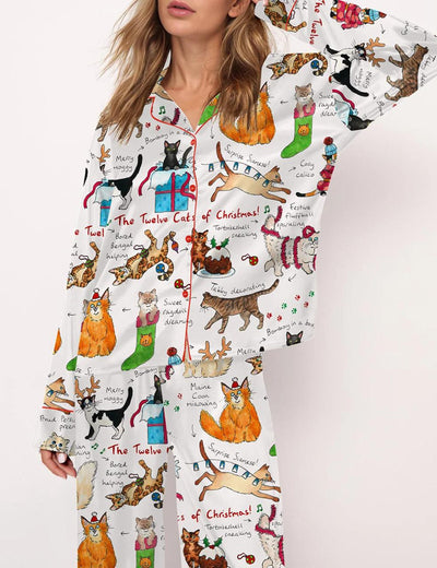 The Twelve Cats Of Christmas Satin Pajama Set