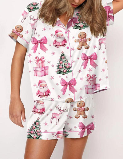 Coquette Pink Christmas Satin Pajama Set For Women