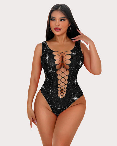 Hot pink rhinestone bodysuit with a deep lace-up front and sparkling star accents.