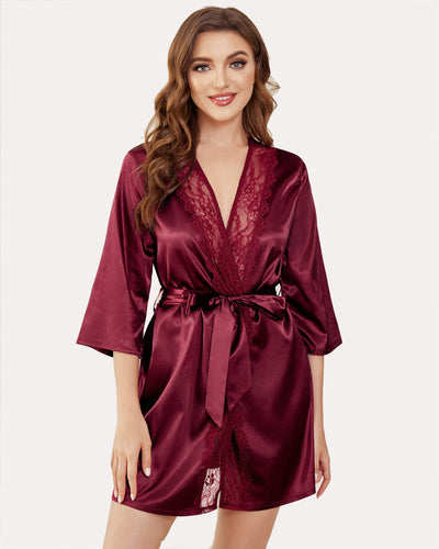 Teal satin kimono robe with eyelash lace trim and sash, perfect for stylish sleepwear.