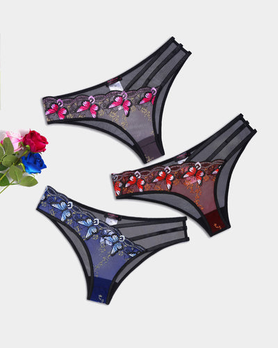 Set of butterfly embroidered mesh panties in black with red butterfly designs and triple straps.