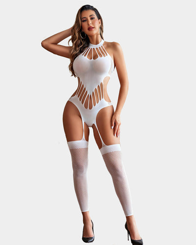 Red fishnet bodystocking with unique cut-out design and halter neck, featuring attached thigh-highs.